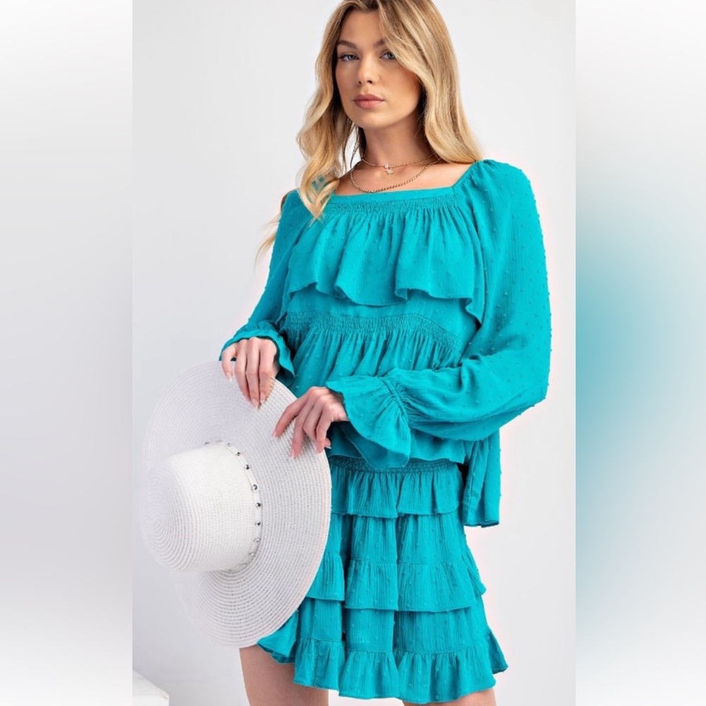 easel Turquoise Ruffle Long-Sleeve Top